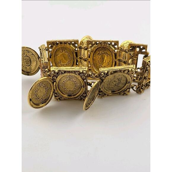 Vintage ART Signed Gold Tone Photo Locket Panel Bracelet Victorian Revival - Picture 6 of 10